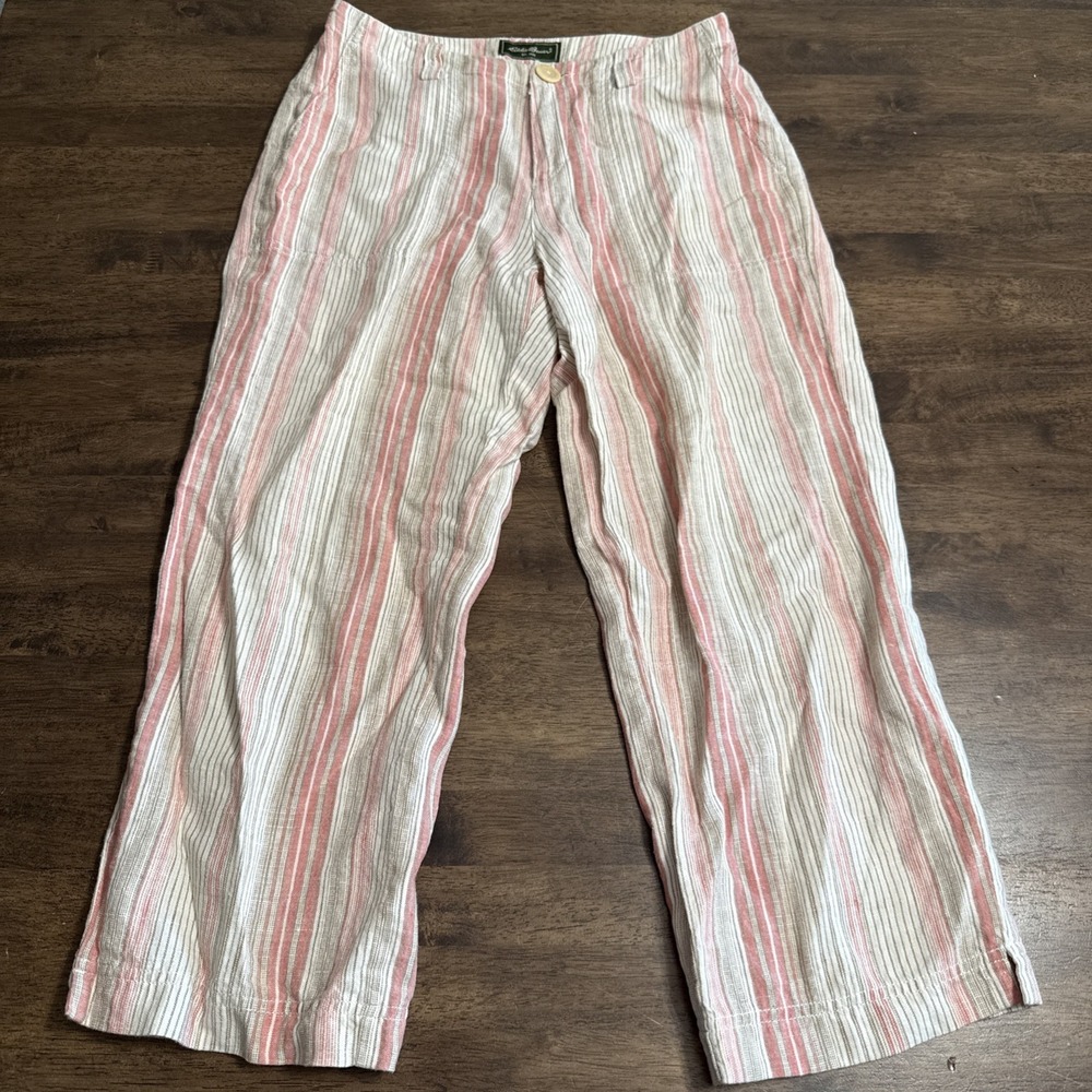 Women's Eddie Bauer Pink & Tan Stripes 100% Linen Pants Size 2‎ Boho